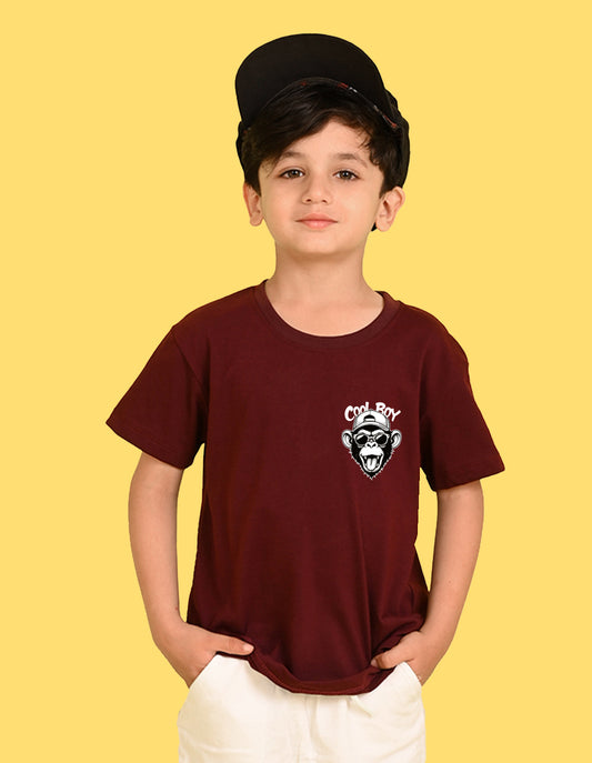 Nusyl Boys Wine Monkey Printed Short sleeve Cotton Blend Oversized T-shirts