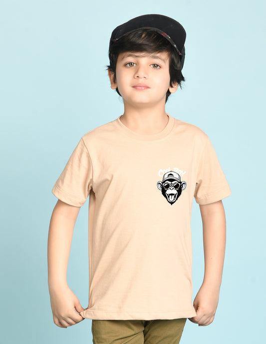 Nusyl Boys Beige Monkey Printed Short sleeve Cotton Blend Oversized T-shirts