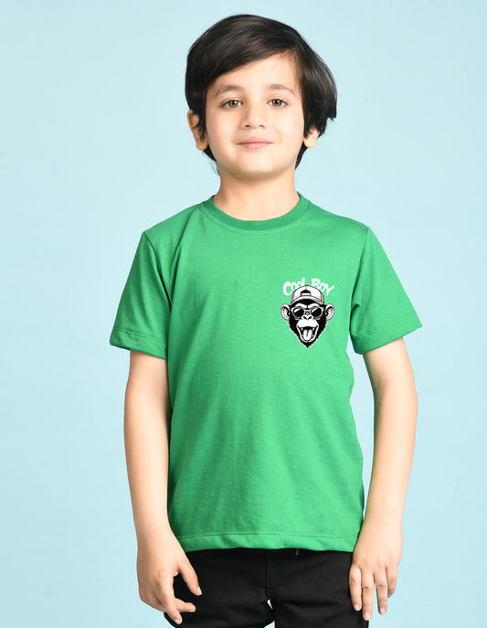 Nusyl Boys Green Monkey Printed Short sleeve Cotton Blend Oversized T-shirts