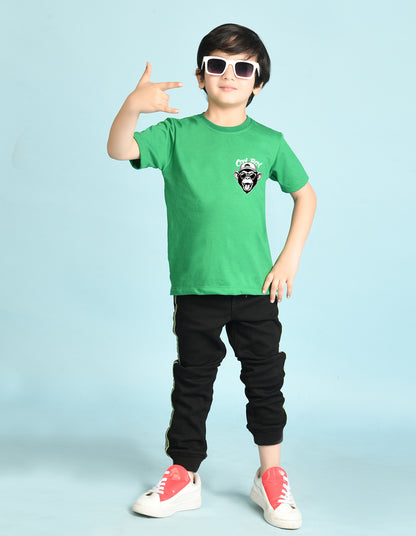 Nusyl Boys Green Monkey Printed Short sleeve Cotton Blend Oversized T-shirts