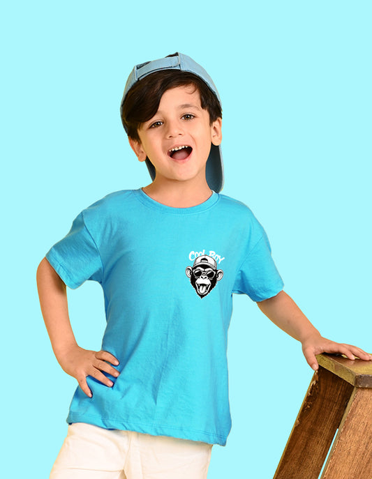 Nusyl Boys Sky Blue Monkey Printed Short sleeve Cotton Blend Oversized T-shirts