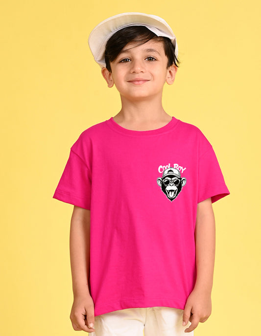 Nusyl Boys Hot Pink Monkey Printed Short sleeve Cotton Blend Oversized T-shirts