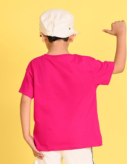 Nusyl Boys Hot Pink Monkey Printed Short sleeve Cotton Blend Oversized T-shirts