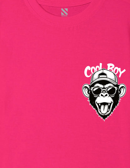 Nusyl Boys Hot Pink Monkey Printed Short sleeve Cotton Blend Oversized T-shirts