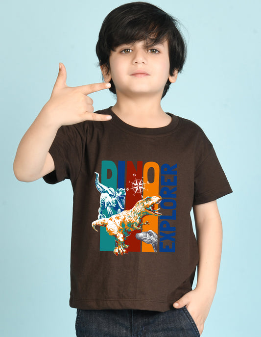 Nusyl Boys Brown Dinosaur & Text Printed Short sleeve Cotton Blend Oversized T-shirts