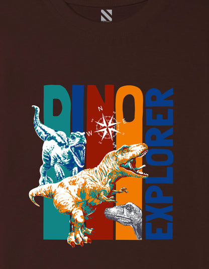 Nusyl Boys Brown Dinosaur & Text Printed Short sleeve Cotton Blend Oversized T-shirts
