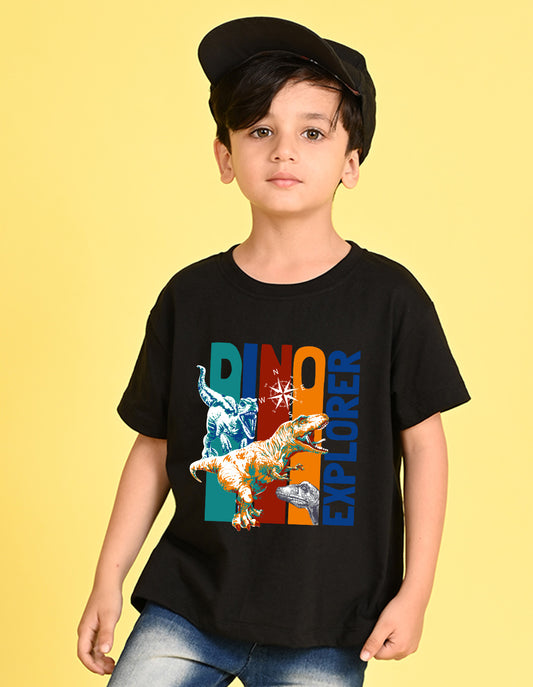 Nusyl Boys Black Dinosaur & Text Printed Short sleeve Cotton Blend Oversized T-shirts