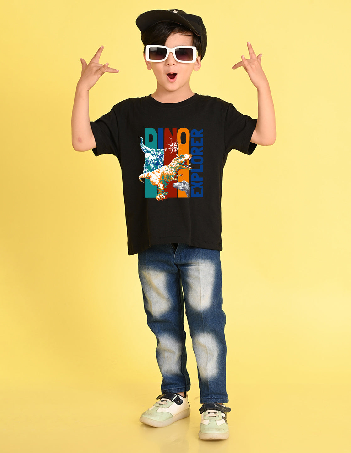 Nusyl Boys Black Dinosaur & Text Printed Short sleeve Cotton Blend Oversized T-shirts