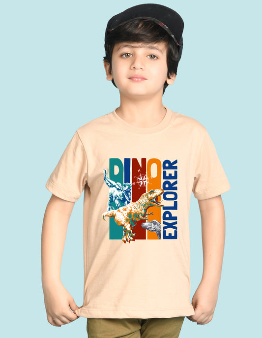 Nusyl Boys Beige Dinosaur & Text Printed Short sleeve Cotton Blend Oversized T-shirts