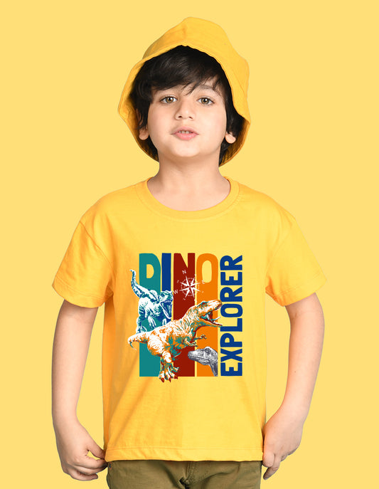Nusyl Boys Yellow Dinosaur & Text Printed Short sleeve Cotton Blend Oversized T-shirts