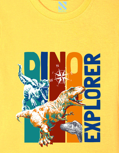 Nusyl Boys Yellow Dinosaur & Text Printed Short sleeve Cotton Blend Oversized T-shirts
