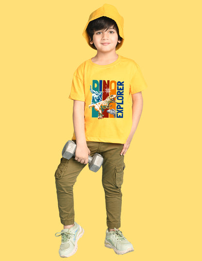 Nusyl Boys Yellow Dinosaur & Text Printed Short sleeve Cotton Blend Oversized T-shirts