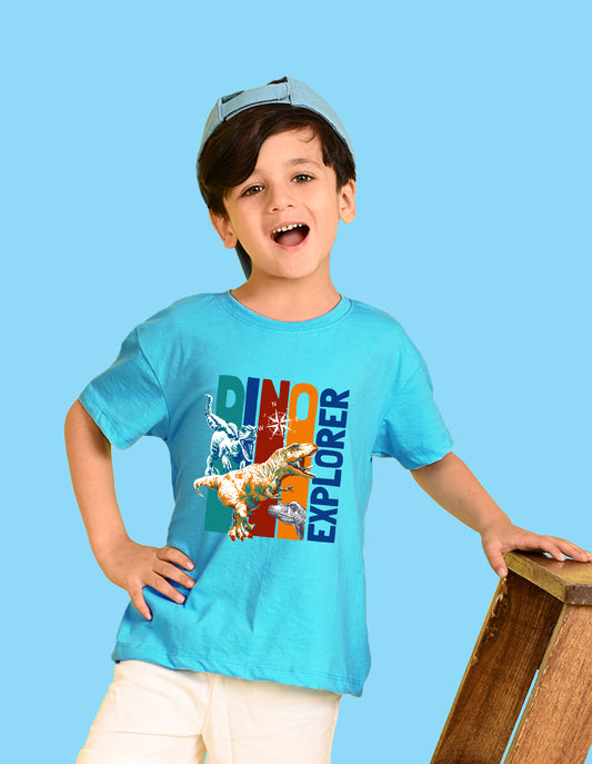 Nusyl Boys Sky Blue Dinosaur & Text Printed Short sleeve Cotton Blend Oversized T-shirts