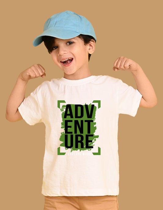 Nusyl Boys White Adventure Text Printed Short sleeve Cotton Blend Oversized T-shirts