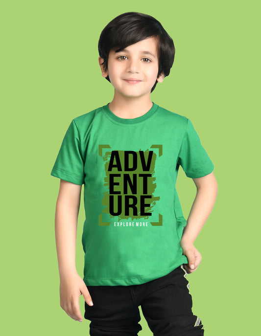 Nusyl Boys Green Adventure Text Printed Short sleeve Cotton Blend Oversized T-shirts