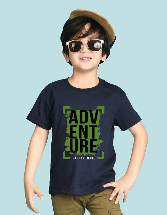 Nusyl Boys Navy Blue Adventure Text Printed Short sleeve Cotton Blend Oversized T-shirts