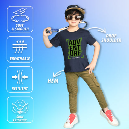 Nusyl Boys Navy Blue Adventure Text Printed Short sleeve Cotton Blend Oversized T-shirts