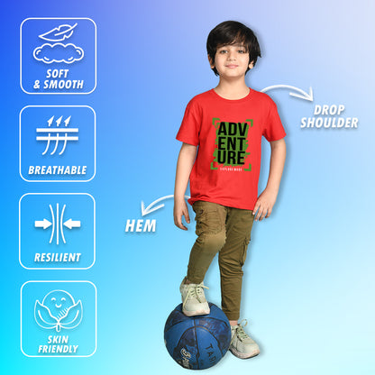 Nusyl Boys Red Adventure Text Printed Short sleeve Cotton Blend Oversized T-shirts