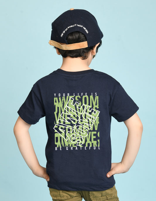 Nusyl Boys Navy Blue Life is Awesome Text Printed Short sleeve Cotton Blend Oversized T-shirts
