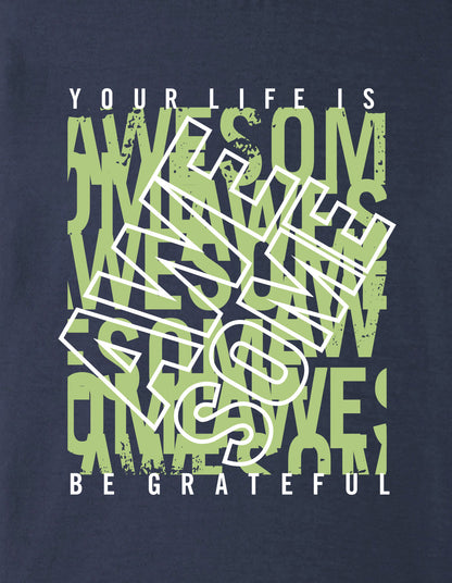 Nusyl Boys Navy Blue Life is Awesome Text Printed Short sleeve Cotton Blend Oversized T-shirts