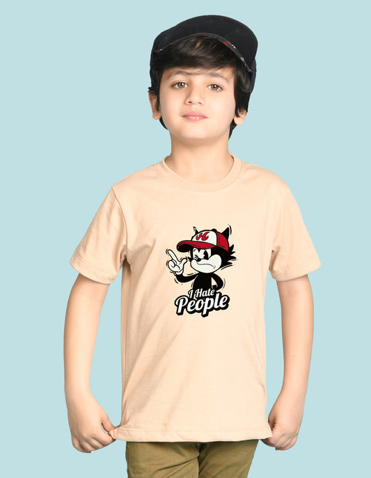 Nusyl Boys Beige i Hate People Text Printed Short sleeve Cotton Blend Oversized T-shirts