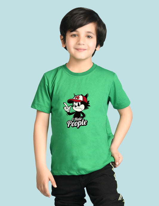 Nusyl Boys Green i Hate People Text Printed Short sleeve Cotton Blend Oversized T-shirts