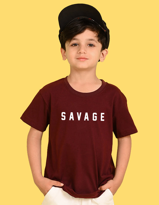 Nusyl Boys Wine Savage Text Printed Short sleeve Cotton Blend Oversized T-shirts