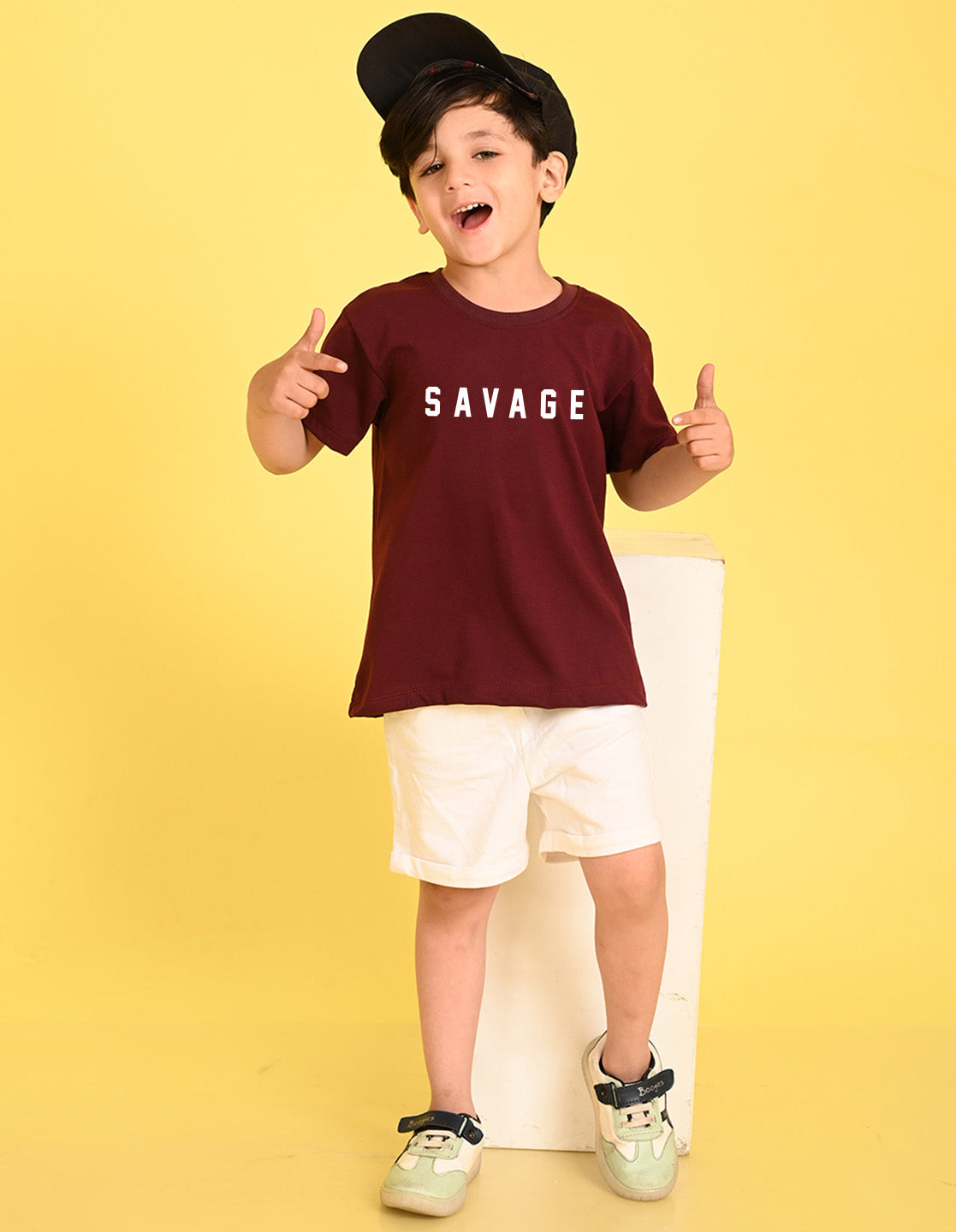 Nusyl Boys Wine Savage Text Printed Short sleeve Cotton Blend Oversized T-shirts