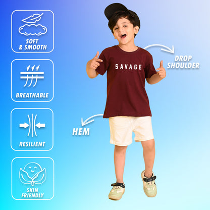 Nusyl Boys Wine Savage Text Printed Short sleeve Cotton Blend Oversized T-shirts