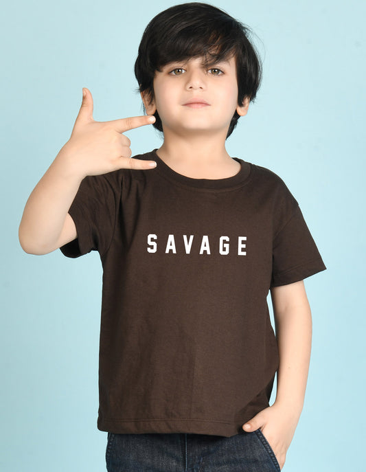 Nusyl Boys Brown Savage Text Printed Short sleeve Cotton Blend Oversized T-shirts