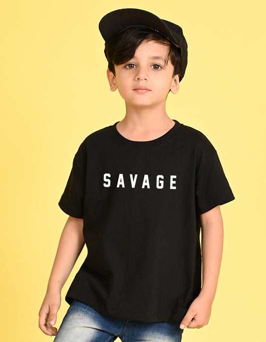 Nusyl Boys Black Savage Text Printed Short sleeve Cotton Blend Oversized T-shirts