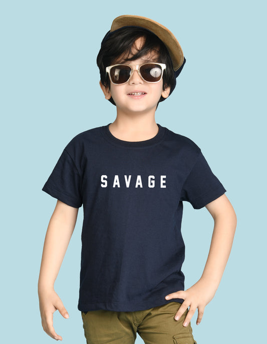 Nusyl Boys Navy Blue Savage Text Printed Short sleeve Cotton Blend Oversized T-shirts
