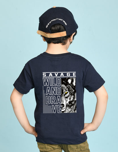 Nusyl Boys Navy Blue Savage Text Printed Short sleeve Cotton Blend Oversized T-shirts