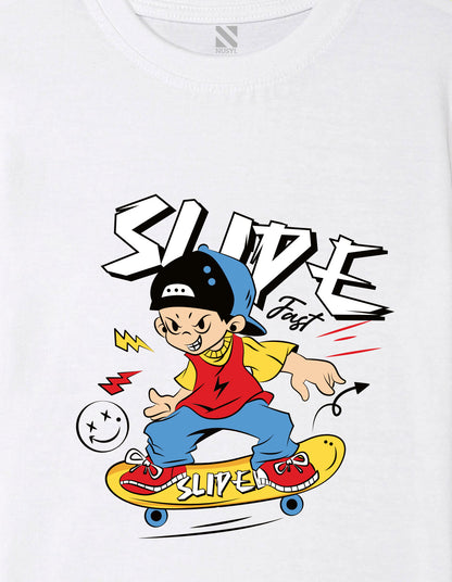 Nusyl Boys White Slipe Text Printed Short sleeve Cotton Blend Oversized T-shirts