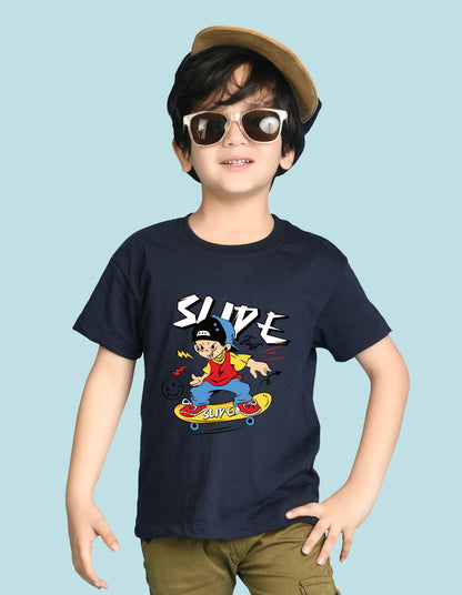 Nusyl Boys Navy Blue Slipe Text Printed Short sleeve Cotton Blend Oversized T-shirts