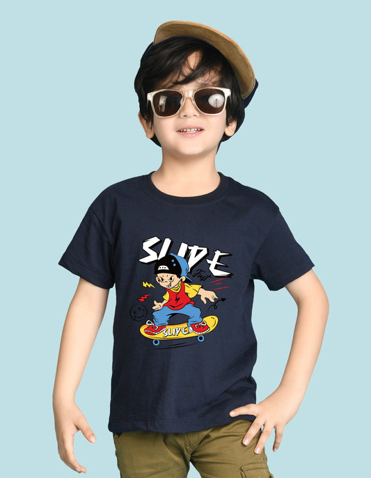 Nusyl Boys Navy Blue Slipe Text Printed Short sleeve Cotton Blend Oversized T-shirts