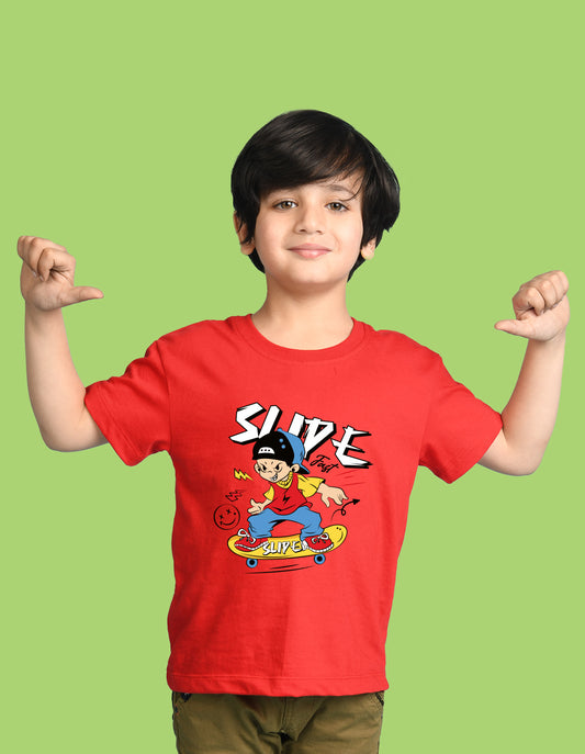 Nusyl Boys Red Slipe Text Printed Short sleeve Cotton Blend Oversized T-shirts