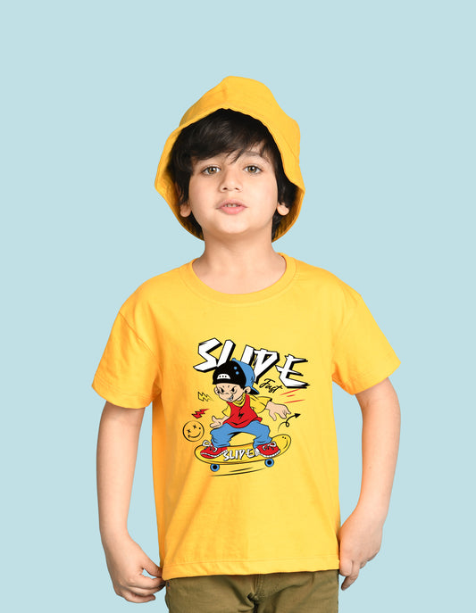 Nusyl Boys Yellow Slipe Text Printed Short sleeve Cotton Blend Oversized T-shirts