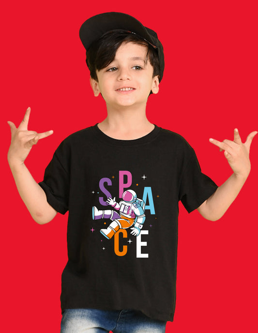 Nusyl Boys Black Space Text Printed Short Sleeve Oversized T-Shirt