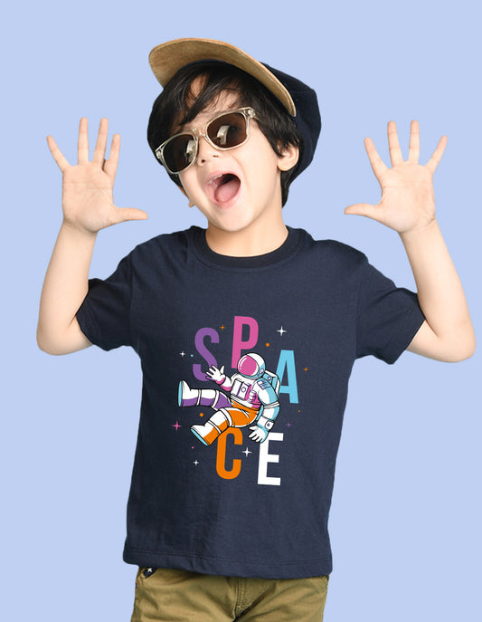 Nusyl Boys Navy Blue Space Text Printed Short Sleeve Oversized T-Shirt