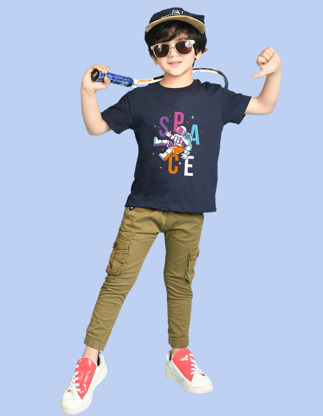 Nusyl Boys Navy Blue Space Text Printed Short Sleeve Oversized T-Shirt