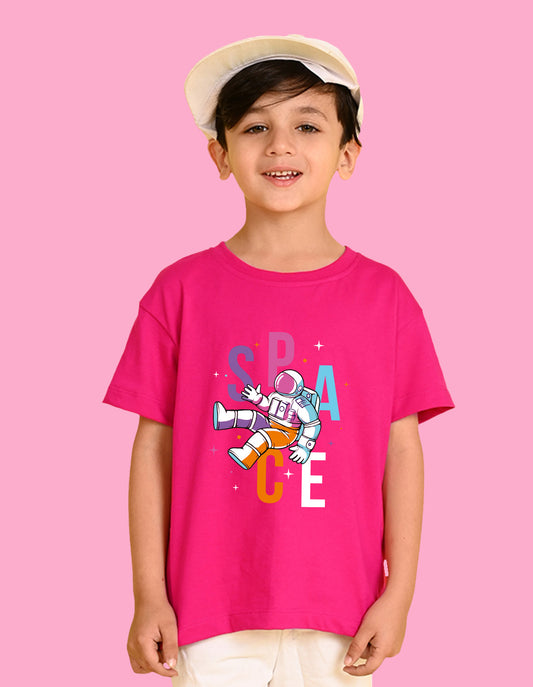 Nusyl Boys Hot Pink Space Text Printed Short Sleeve Oversized T-Shirt