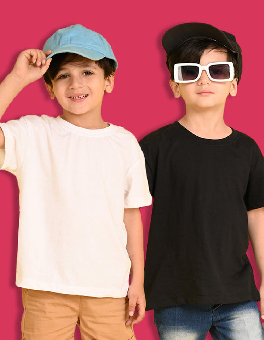 Nusyl Boys White & Black Solid  Oversized T-Shirt - Pack of 2