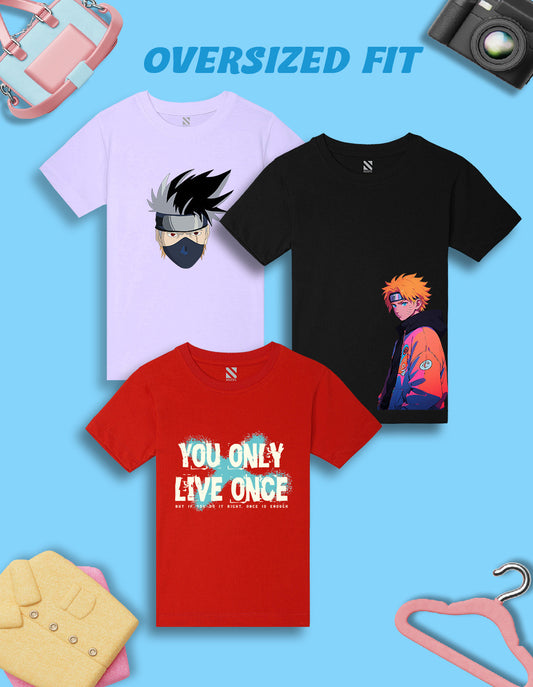 Nusyl Boys Lilac & Black & Red Graphic & Text Printed Oversized T-Shirt - Pack of 3