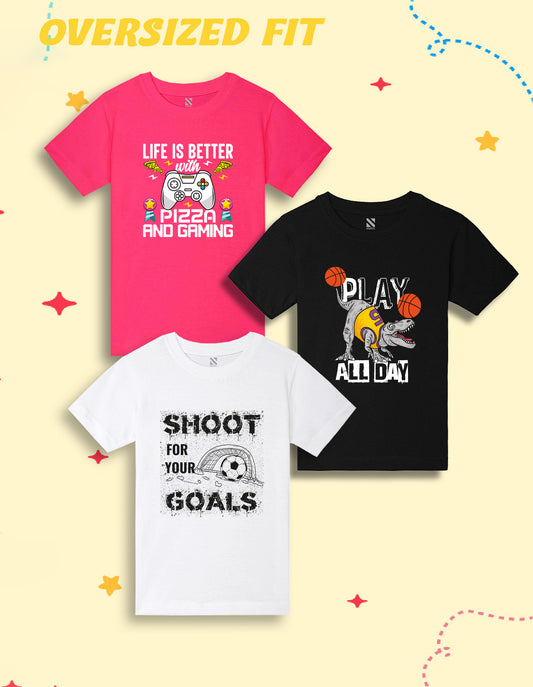 Nusyl Boys Hot Pink & Black & White Dinosaur & Text Printed Oversized T-Shirt - Pack of 3