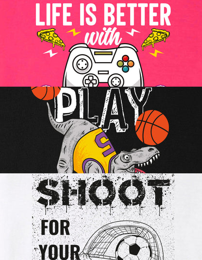 Nusyl Boys Hot Pink & Black & White Dinosaur & Text Printed Oversized T-Shirt - Pack of 3