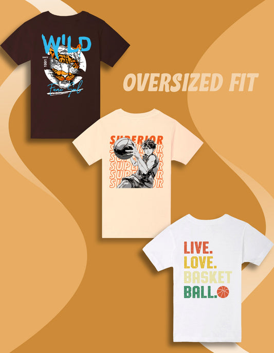 Nusyl Boys Brown & Navy Blue & White Tiger Face & Text Printed Oversized T-Shirt - Pack of 3