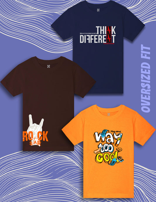 Nusyl Boys Orange & Brown & Navy Blue Text Printed Oversized T-Shirt - Pack of 3