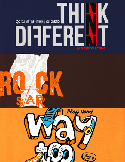 Nusyl Boys Orange & Brown & Navy Blue Text Printed Oversized T-Shirt - Pack of 3