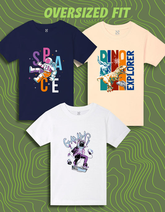 Nusyl Boys Beige & Navy Blue & White Space & Dinosaur Printed Oversized T-Shirt - Pack of 3